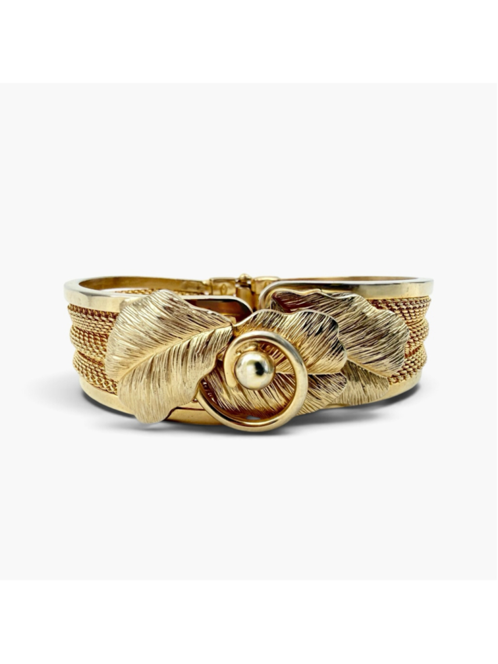 1960s Gold Plated Mesh Bracelet, Vintage Leaf Hinged Bangle, Botanical Cuff